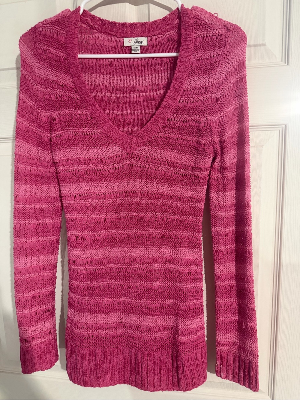 Guess Pink Striped V-Neck Knit Sweater